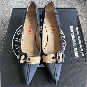 Miu Miu Cavas Buckle Pointed Toe Kitten Heels